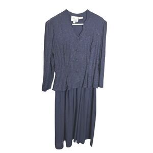 Vintage Kathie Lee Plaza South 14 Navy Blue Dress Embroidered 90s Grannycore